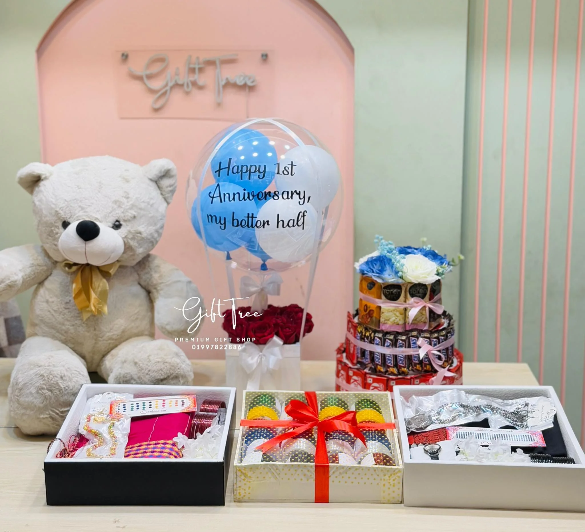 Hot Air Balloon Gift Set with Teddy, Chocolate tower & Jewelry